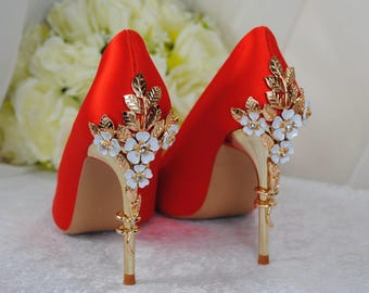 Handmade Orange Satin Wedding Shoes: Cherry Blossom Bridal Heels (UK5/US7.5)