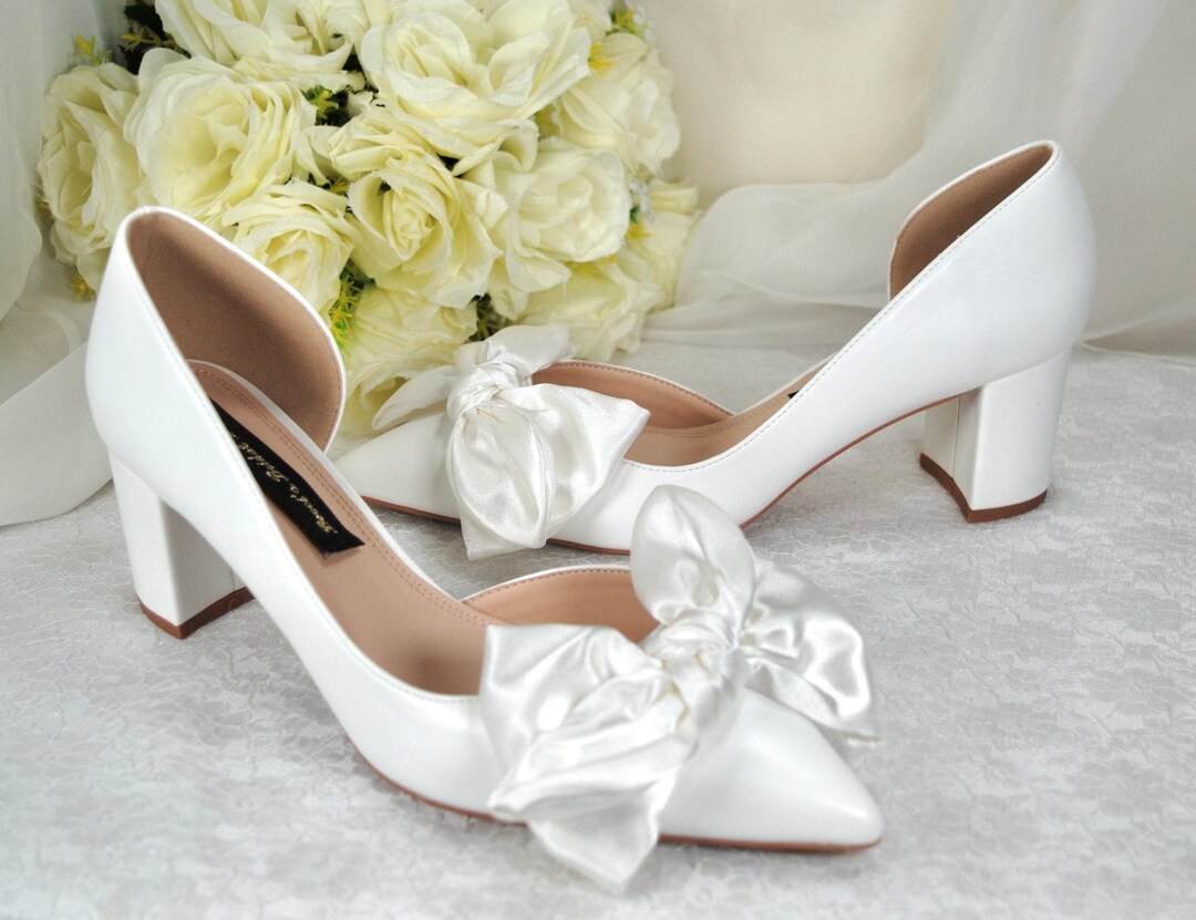 White Bow Wedding Shoes: Handmade Block Heel Bridal Shoes (UK5/US7.5 ...