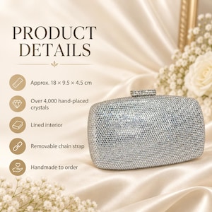 Puede incluir: Un bolso de mano rectangular plateado cubierto con m&aacute;s de 4.000 cristales colocados a mano y un cierre rectangular incrustado de cristales. El bolso mide aproximadamente 18 x 9,5 x 4,5 cm y cuenta con un interior forrado y una cadena extra&iacute;ble.