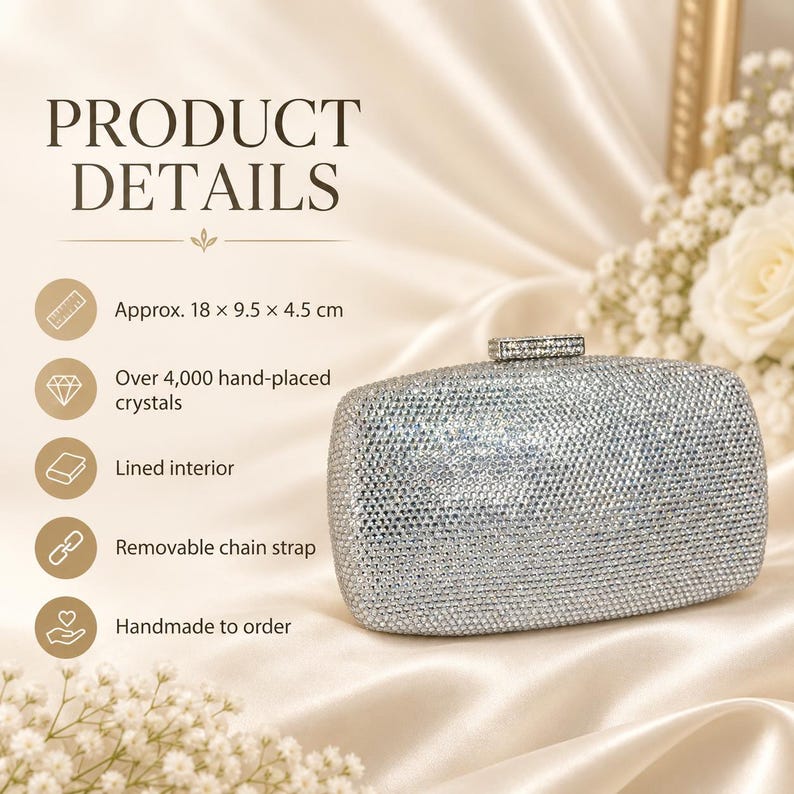 Puede incluir: Un bolso de mano rectangular plateado cubierto con m&aacute;s de 4.000 cristales colocados a mano y un cierre rectangular incrustado de cristales. El bolso mide aproximadamente 18 x 9,5 x 4,5 cm y cuenta con un interior forrado y una cadena extra&iacute;ble.