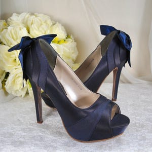 Navy Blue Satin Wedding Shoes: Peep Toe Bridal Heels with Bow (UK4/US6.5)