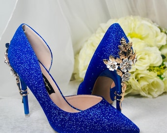 Tacones de novia azules: zapatos de boda hechos a mano con adornos florales dorados (UK5/US7.5)