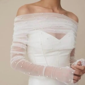 Pearl Tulle Bolero and Glove Set: Wedding Dress Topper