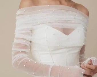 Pearl Tulle Bolero and Glove Set: Wedding Dress Topper