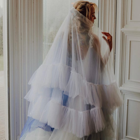 2tiers Long Ruffle Bridal Veil With Blusher Ivory White With 