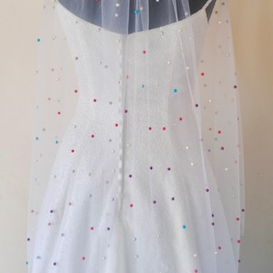 White Pearl Bridal Veil with Rainbow Multi Coloured Pearls, Disco Ball Wedding Veil