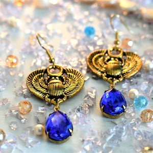 Egyptian Scarab Beetle Earrings | Nickle-Free Ear Hooks | Sapphire Blue Glass