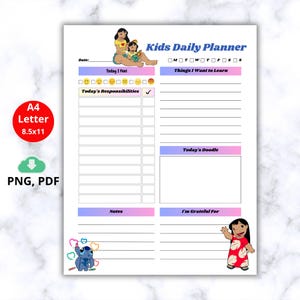 Puede incluir: Un planificador diario para niños con un diseño colorido. El planificador incluye secciones para los sentimientos diarios, responsabilidades, garabatos y gratitud. Presenta ilustraciones de personajes de dibujos animados. Formato A4.