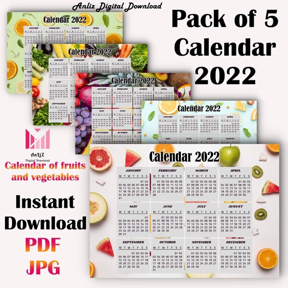 Pack of 5 Calendars 2022 Printable. Instant Download. Digital - Etsy