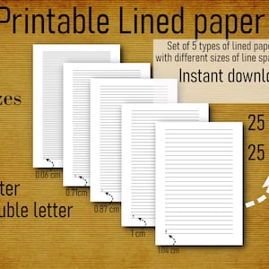 Puede incluir: Conjunto de cinco plantillas de papel rayado imprimibles en tamaños A3, A4, A5, carta y carta doble. Las plantillas tienen diferentes espacios entre líneas, que van desde 0,06 cm hasta 1,04 cm. La imagen incluye el texto "Printable Lined Paper", "Set of 5 types of lined paper with different sizes of line spacing", "Instant download", "Zizes", "A3", "A4", "A5", "letter", "Double letter", "25 jpg", and "25 pdf".