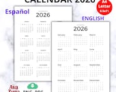 Calendario básico 2026 en español e ingles. Descarga digital instantanea. Calendario anual imprimible. Calendario para oficina.