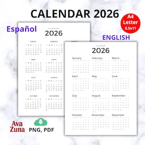 Basic 2026 calendar in Spanish and English. Instant digital download. Printable annual calendar. Office calendar.