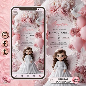 3D Girl Evite Baptism, Girl Invitation, Pink Floral Baptism Invitation Electronic Baptism, Girl Angel Digital Baptism Invite, Canva Template