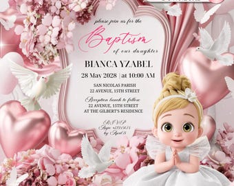 3D Girl Evite Baptism, Girl Invitation, Pink Floral Baptism Invitation Electronic Baptism, Girl Angel Digital Baptism Invite, Canva Template