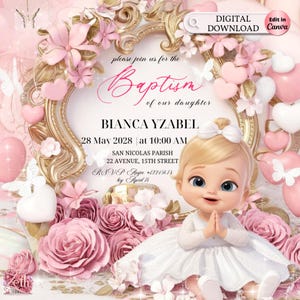 3D Girl Evite Baptism, Girl Invitation, Pink Floral Baptism Invitation Electronic Baptism, Girl Angel Digital Baptism Invite, Canva Template
