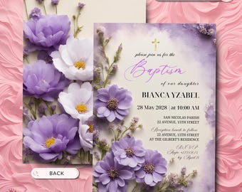 Purple Flower Baptism, Girls Baptism Invitation Template, Printable Baptism Invite, Instant Download, Baby Christening Invitation Baptismal