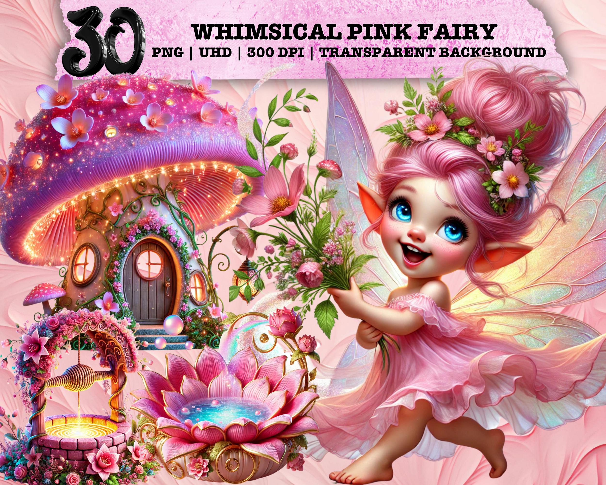 Whimsical Fairy Clipart, Pink Fantasy PNG, Magical Cottage Art, Cute ...