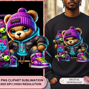 Neon Hip Hop Teddy Bear svg, Hip Hop Teddy Bear svg, PNG Clipart Design, PNG Clipart for T-Shirts, Vibrant Neon Hip Hop Teddy Bear SVG dtf