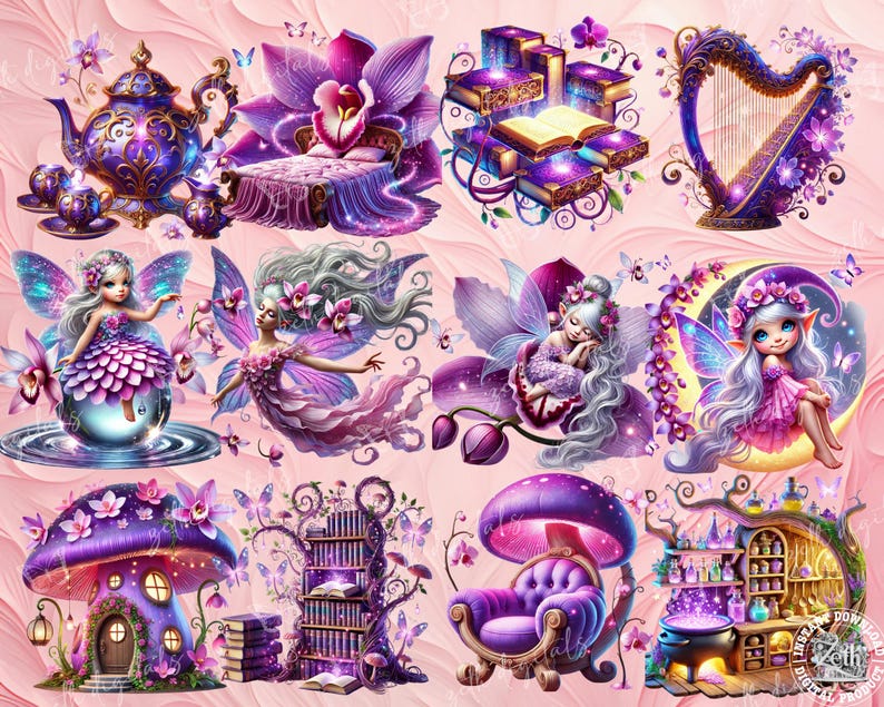 Whimsical Fairy Clipart, Purple Magic PNG, Fantasy Flower Art ...