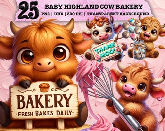 Whimsical Cow Bakery Clipart, Cute Highland Calf PNG, Rustic Farm Sublimation, Sweet Kitchen Art Kawaii Dessert Sweets Commercial Use Design