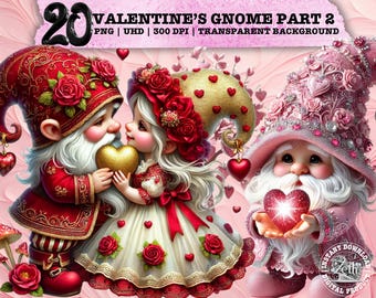 May include: Two gnomes in love, one wearing a red hat and the other a pink hat, both with white beards and holding hearts. They are surrounded by pink and red hearts and flowers.