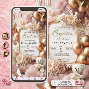 3D Girl Evite Baptism, Girl Invitation, Pink Floral Baptism Invitation Electronic Baptism, Girl Angel Digital Baptism Invite, Canva Template