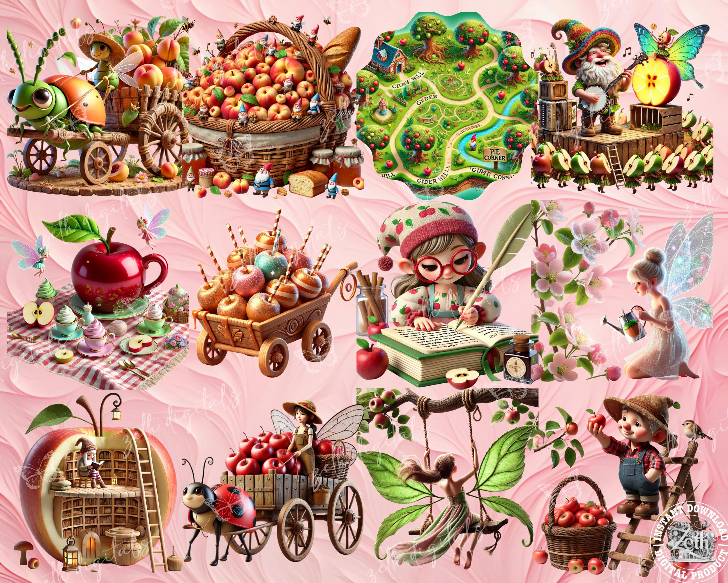 Whimsy Apple Design Whimsical Apple Clipart, Cute Fruit PNG, Farmhouse Orchard Art, Rustic ...