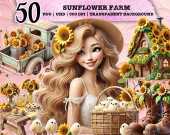 Whimsical Sunflower Clipart, Cute Farm Girl PNG, Farmhouse Sunflower Art, Rustic Sublimation Cottagecore Aesthetic Sunflower Farm Design PNG