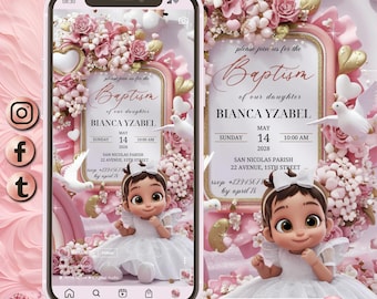 3D Girl Evite Baptism, Girl Invitation, Pink Floral Baptism Invitation Electronic Baptism, Girl Angel Digital Baptism Invite, Canva Template