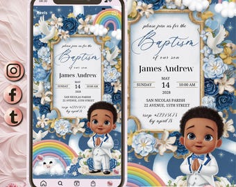 3D Boy Evite Baptism, Boy Invitation Blue Floral Baptism Invitation Electronic Baptism Boy Evite Digital Baptism Invite Evite Canva Template