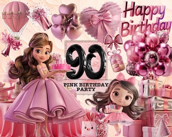 Rosa Geburtstagsparty Clipart, Rosa Party Clipart Kinderparty Clipart Rosa Kuchen Handwerk PNG Kommerzielle Nutzung Clipart Transparent Ballon Dekor