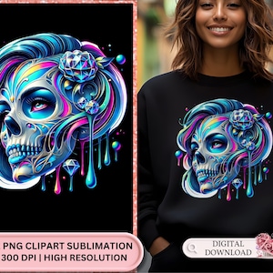 Neon Blue Sugar Skull svg, Hip Hop Diamond Skull svg, PNG Clipart Design PNG Clipart for T-Shirts, Vibrant Neon Sugar Skull SVG dtf transfer