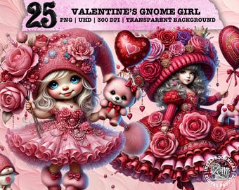 Valentine's Gnome Girl Clipart, Cute Gnome PNG, Romantic Valentine's Day Clipart, Love Sublimation, Commercial Use Tumbler Tshirt Mug Design