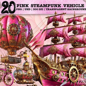 Pink Steampunk Vehicle Clipart, Vintage Car PNG, Airship Sublimation, Retro Futuristic Transport,  Commercial Use PNG Tumbler Tshirt Mug Cap