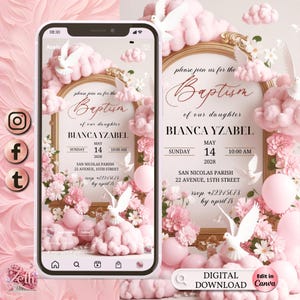 3D Girl Evite Baptism, Girl Invitation, Pink Floral Baptism Invitation Electronic Baptism, Girl Angel Digital Baptism Invite, Canva Template
