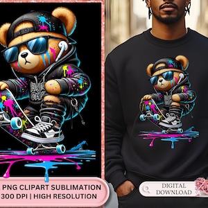 Neon HipHop Teddy Bear svg, PNG Clipart Design, Graffiti HipHop Teddy Bear svg, PNG Clipart for T-Shirts Vibrant Neon Hip Hop Teddy Bear SVG