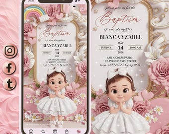 3D Girl Evite Baptism, Girl Invitation, Pink Floral Baptism Invitation Electronic Baptism, Girl Angel Digital Baptism Invite, Canva Template