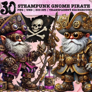 Gnomo pirata Steampunk, Gnomo de fantasía PNG, Arte náutico Steampunk, Gnomo pirata vintage, Vaso, camiseta, taza, gorra PNG de uso comercial