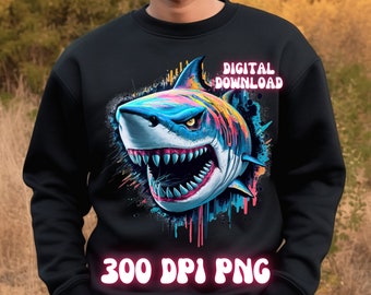 Killer Shark PNG Sublimation Design, For Dtf Designs, Clipart, T-shirt Graphics, Neon Sublimation, Hip Hop PNG, Abstract PNG, Shirt Designs