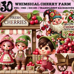 Whimsical Cherry Clipart, Cute Gnome PNG, Cottagecore Fruit Art, Rustic Farm Stand Sublimation Spring Market Aesthetic Commercial Use Design