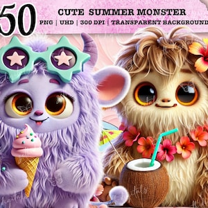May include: Two cute cartoon monsters. One is purple with sunglasses and an ice cream cone. The other is brown with a flower lei and a coconut drink. Text at the top reads "50 CUTE SUMMER MONSTER".