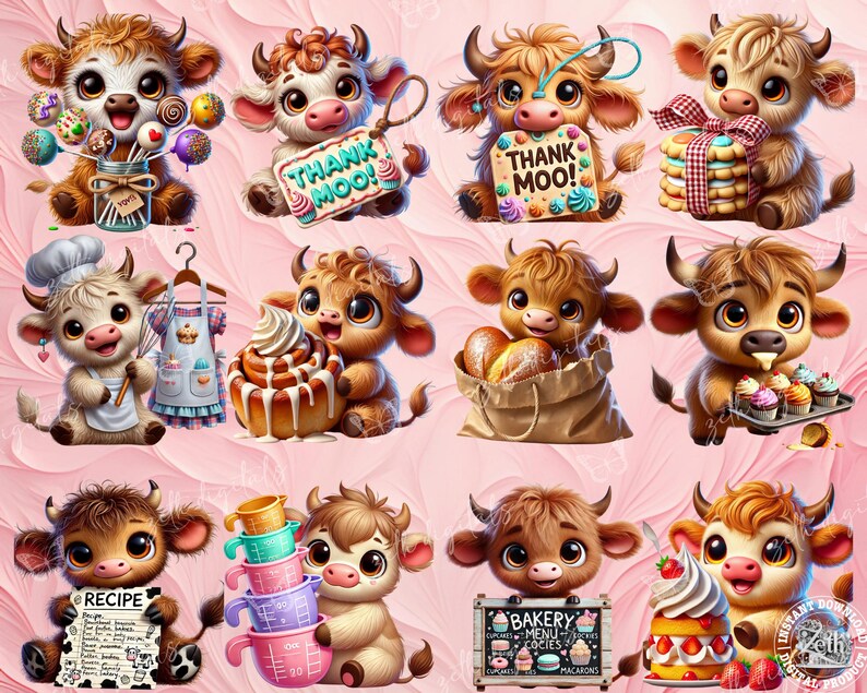 Whimsical Cow Bakery Clipart, Cute Highland Calf PNG, Rustic Farm ...