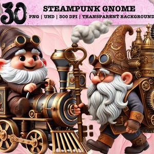 Könnte beinhalten: Ein Steampunk-Zwerg mit langem weißem Bart und einem braunen Hut, der mit Zahnrädern und Zahnrädern verziert ist. Der Zwerg hält einen goldenen Schlüssel und steht vor einem großen, komplizierten Steampunk-Zug.