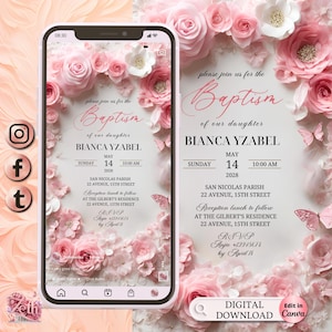 3D Girl Evite Baptism, Girl Invitation, Pink Floral Baptism Invitation Electronic Baptism, Girl Angel Digital Baptism Invite, Canva Template