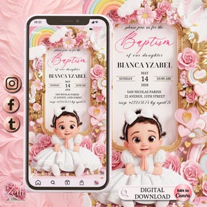 3D Girl Evite Baptism, Girl Invitation, Pink Floral Baptism Invitation Electronic Baptism, Girl Angel Digital Baptism Invite, Canva Template