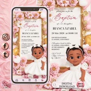 3D Girl Evite Baptism, Girl Invitation, Pink Floral Baptism Invitation Electronic Baptism, Girl Angel Digital Baptism Invite, Canva Template