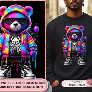 Neon Hip Hop Teddy Bear svg, Hip Hop Teddy Bear svg, PNG Clipart Design, PNG Clipart for T-Shirts, Vibrant Neon Hip Hop Teddy Bear SVG dtf