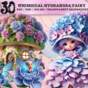 Skurril Hortensie Fee Clipart, Floral PNG, Bauerngarten Kunst, rustikale Sublimation, magische Ästhetik, Fee, Design für den kommerziellen Gebrauch