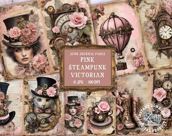 Pink Steampunk Junk Journal, Steampunk Ephemera Bundle,  Digital Paper,  Scrapbook Paper, Journal Pages Card Making Tag Creation Paper Pack