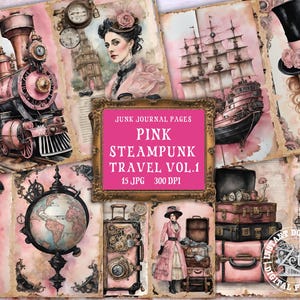 Pink Steampunk Junk Journal Kit, Steampunk Junk Journal Paper, Travel Junk Journal Printable Page, Digital Collage Sheet Instant Download